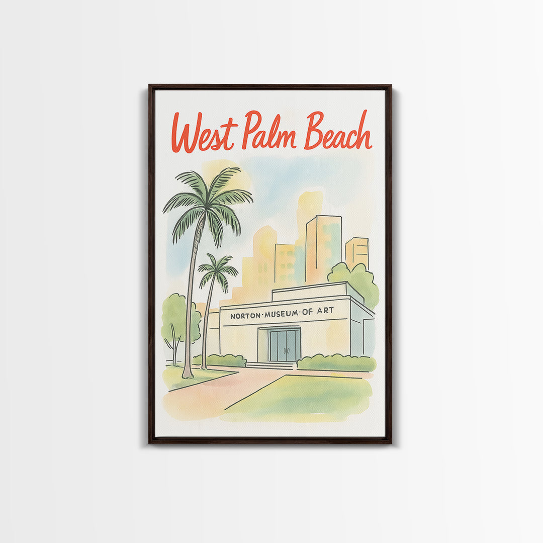 West Palm Beach Travel Poster, Framed Canvas Print, Hand Drawn Watercolor Art, West Palm Beach Wall Art, Travel Wall Decor, Fine Art Print