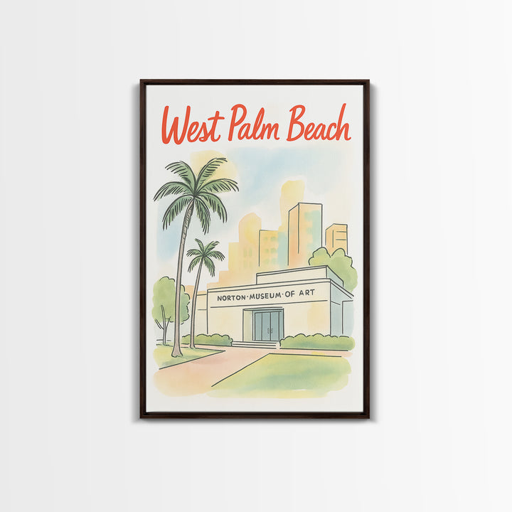 West Palm Beach Travel Poster, Framed Canvas Print, Hand Drawn Watercolor Art, West Palm Beach Wall Art, Travel Wall Decor, Fine Art Print
