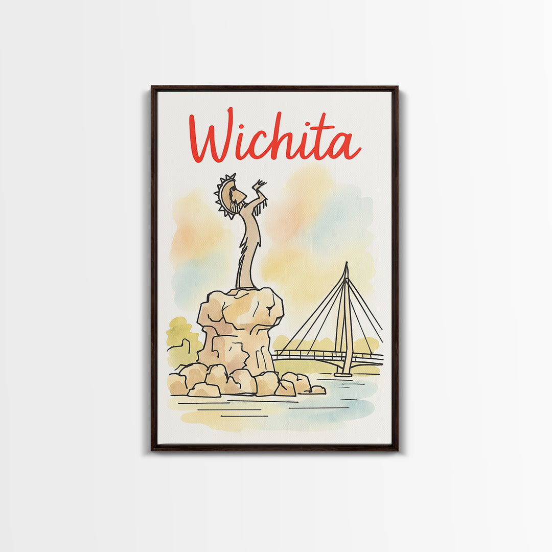 Wichita Travel Poster, Framed Canvas Print, Illustrated City Wall Art, Wichita Art Print, Mid Century Wall Art, Travel Wall Art