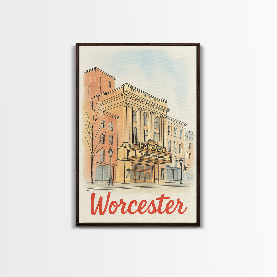 Worcester Massachusetts Travel Poster, Canvas Print, Illustrated City Wall Art, Worcester Art Print, Travel Art, Mid Century Wall Art