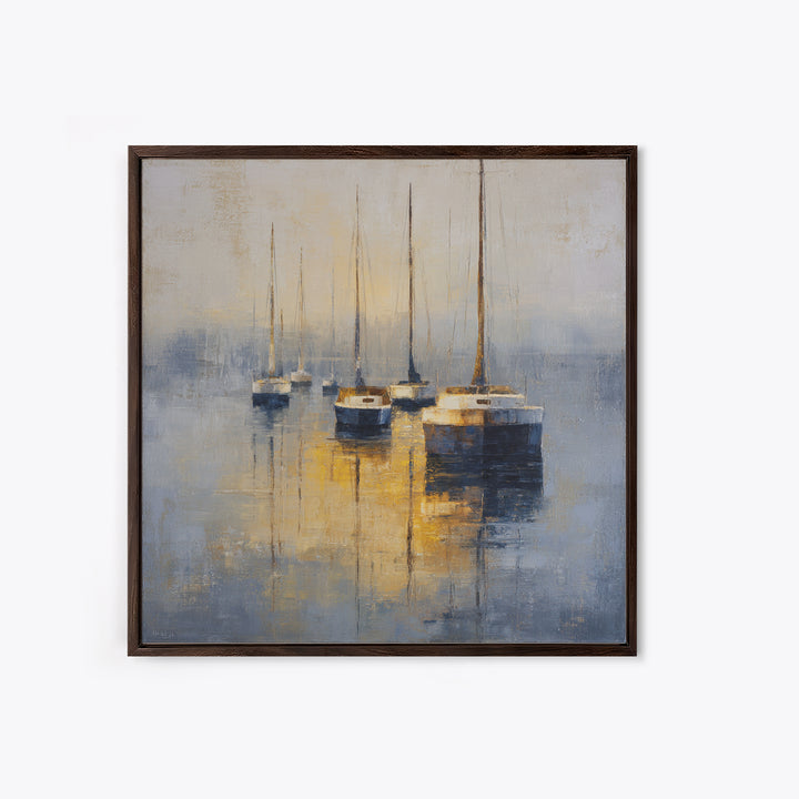 Quiet Harbor with Sailboats at Dawn Framed Canvas Print, Hotel Art, Gallery Wall Set, Hotel Decor, Fine Art, Boutique, HOT-1x1-46