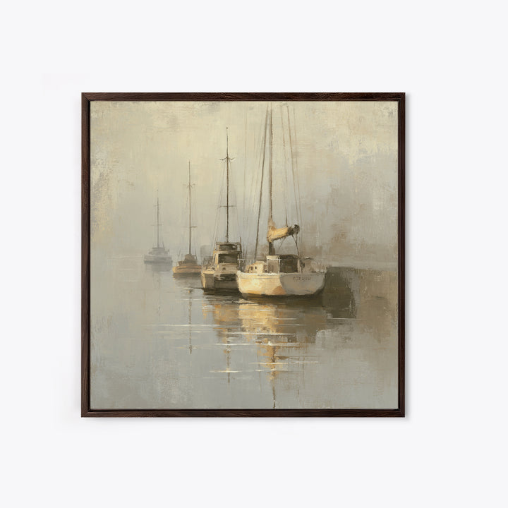 Quiet Harbor with Sailboats at Dawn Framed Canvas Print, Hotel Art, Gallery Wall Set, Hotel Decor, Fine Art, Boutique, HOT-1x1-70