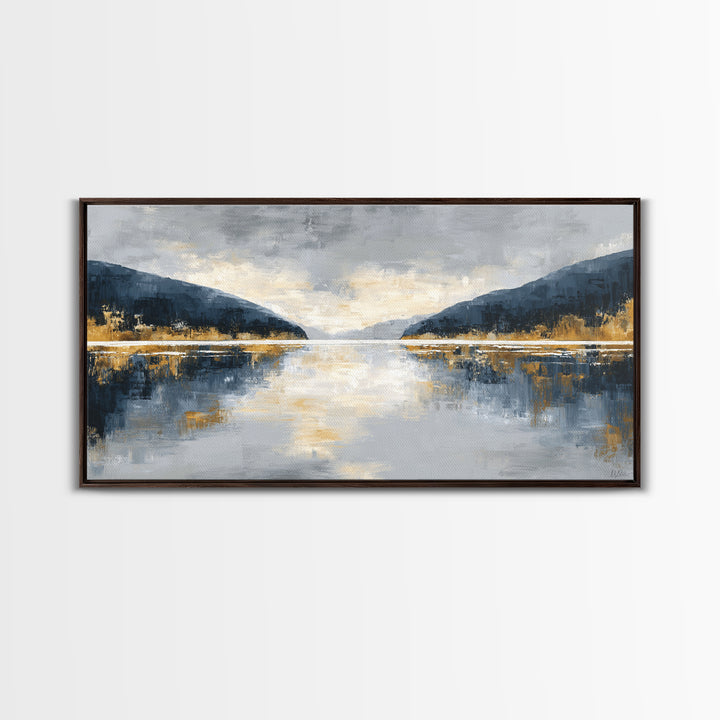 Serene Mountain Lake for Boutique Hotel Mood Framed Canvas Print, Hotel Art, Coastal Decor, Hotel Decor, Oil Painting, Boutique, HOT-2x1-100