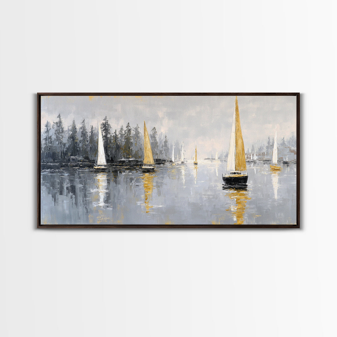 Quiet Harbor with Sailboats at Dawn Framed Canvas Print, Hotel Art, Room Decor, Hotel Decor, Fine Art, Boutique, Art Print, HOT-2x1-18