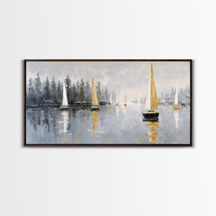 Quiet Harbor with Sailboats at Dawn Framed Canvas Print, Hotel Art, Room Decor, Hotel Decor, Fine Art, Boutique, Art Print, HOT-2x1-18