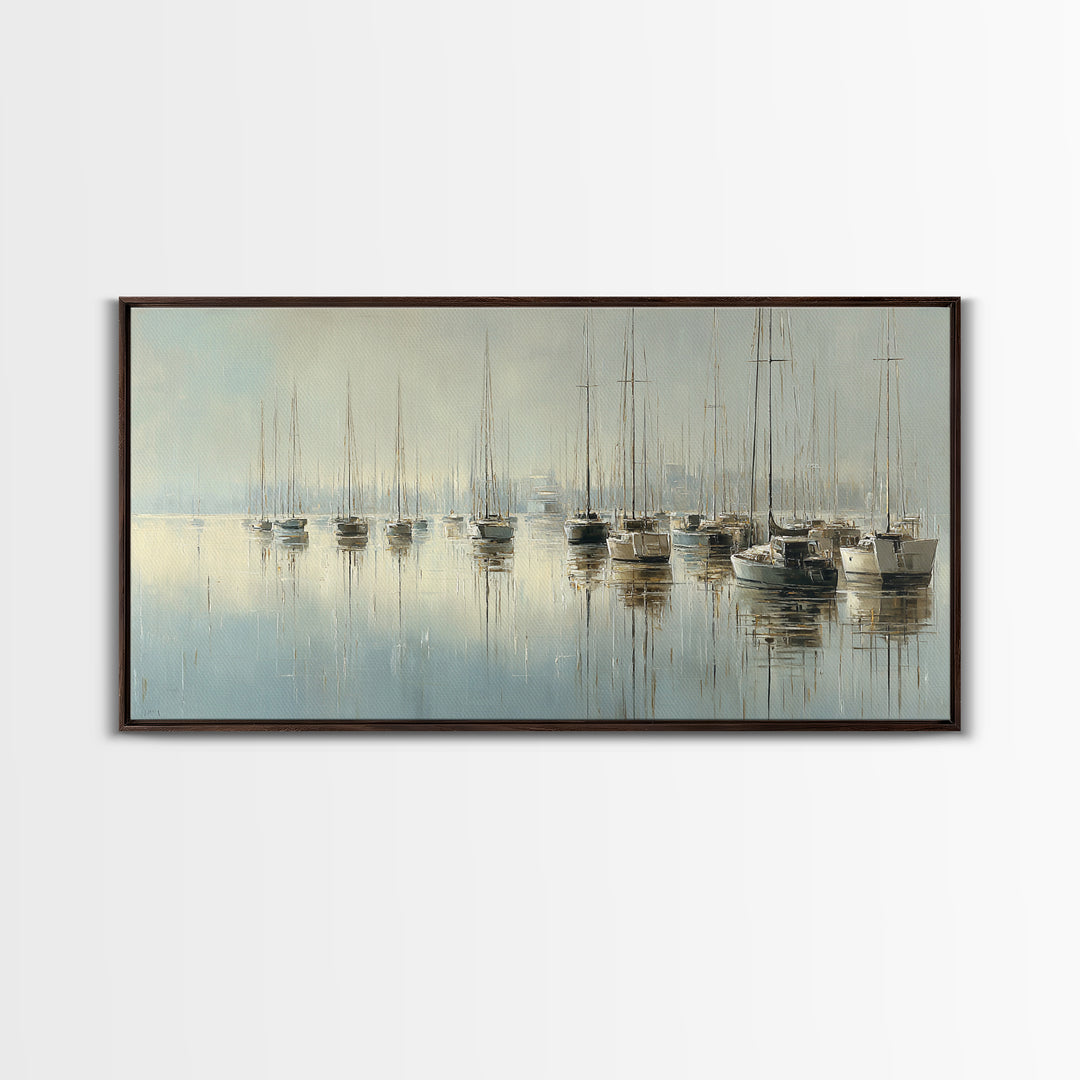 Quiet Harbor with Sailboats at Dawn Framed Canvas Print, Hotel Art, Room Decor, Hotel Decor, Fine Art, Boutique, Art Print, HOT-2x1-42