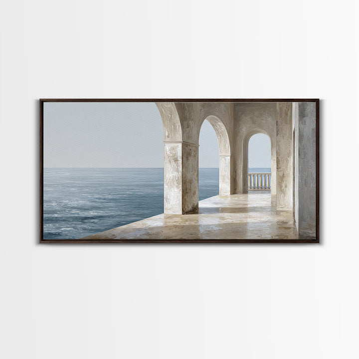 Mediterranean Terrace View Focused on Sea and Framed Canvas Print, Hotel Art, Painting, Hotel Decor, Fine Art, Boutique, HOT-2x1-7