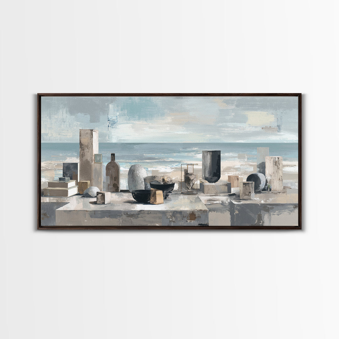 Mediterranean Terrace View Focused on Sea and Framed Canvas Print, Hotel Art, Travel Poster, Hotel Decor, Fine Art, Boutique, HOT-2x1-79