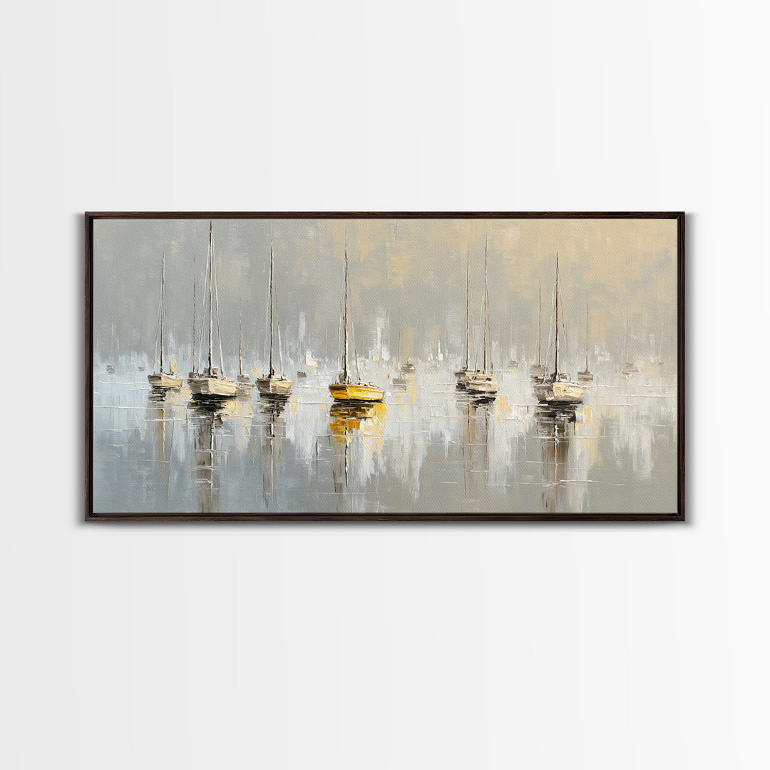 Quiet Harbor with Sailboats at Dawn Framed Canvas Print, Hotel Art, Hotel Decor, Oil Painting, Boutique, Modern Wall Art, HOT-2x1-90