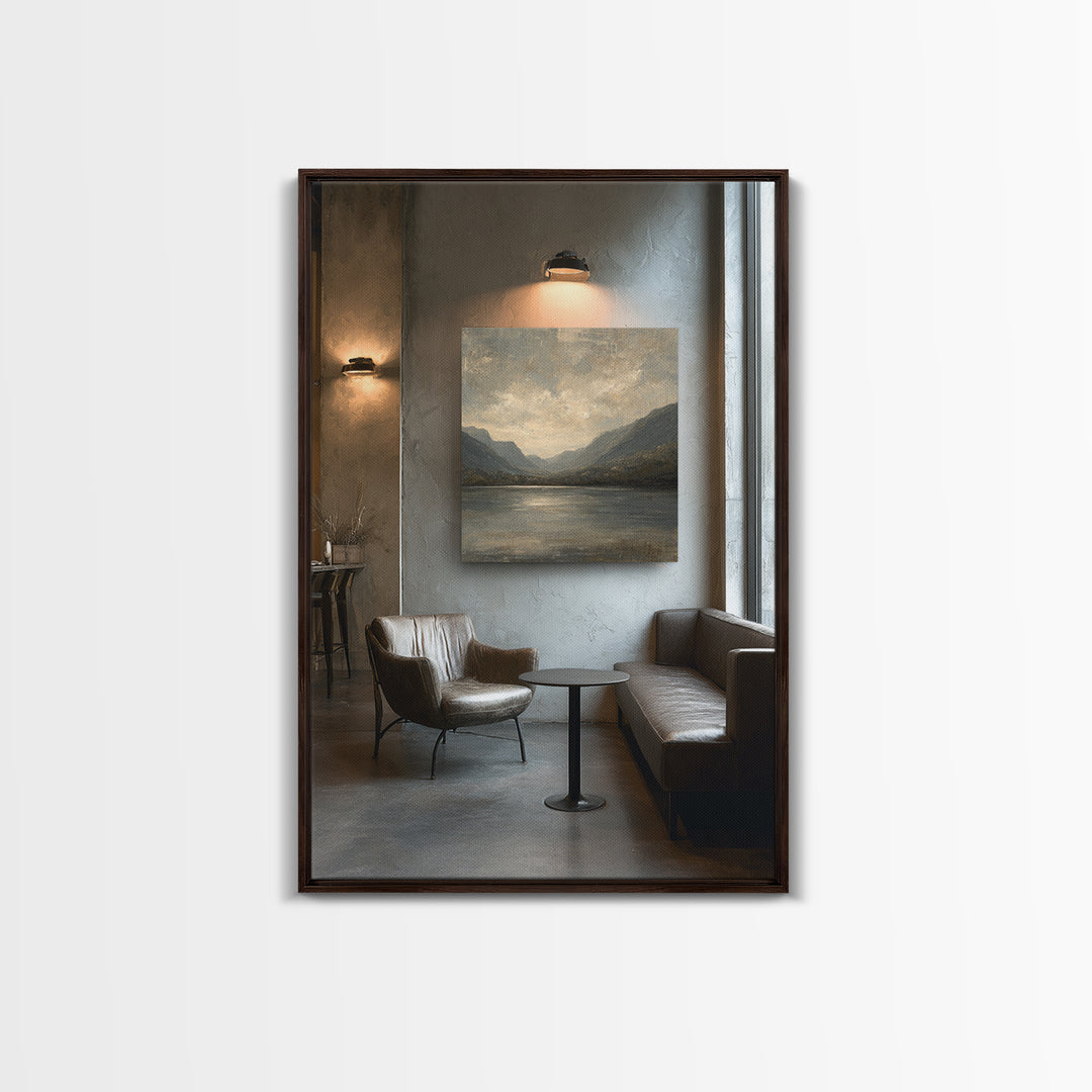 Serene Mountain Lake for Boutique Hotel Mood Framed Canvas Print, Hotel Art, Painting, Hotel Decor, Fine Art, Boutique, HOT-2x3-64