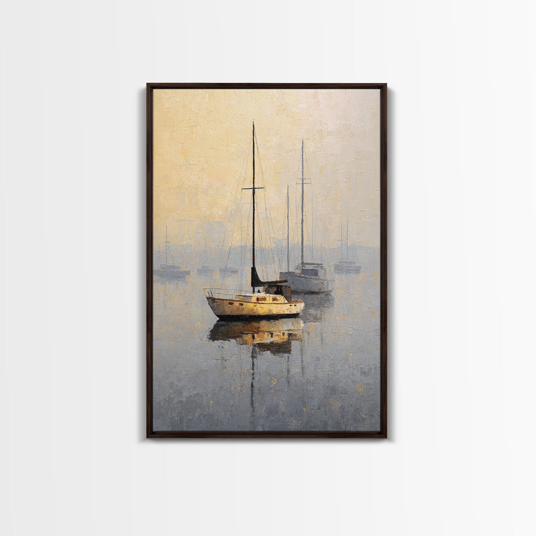 Quiet Harbor with Sailboats at Dawn Framed Canvas Print, Hotel Art, Mid Century Modern, Hotel Decor, Fine Art, Boutique, HOT-2x3-78