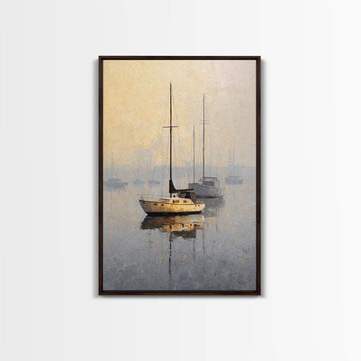 Quiet Harbor with Sailboats at Dawn Framed Canvas Print, Hotel Art, Mid Century Modern, Hotel Decor, Fine Art, Boutique, HOT-2x3-78