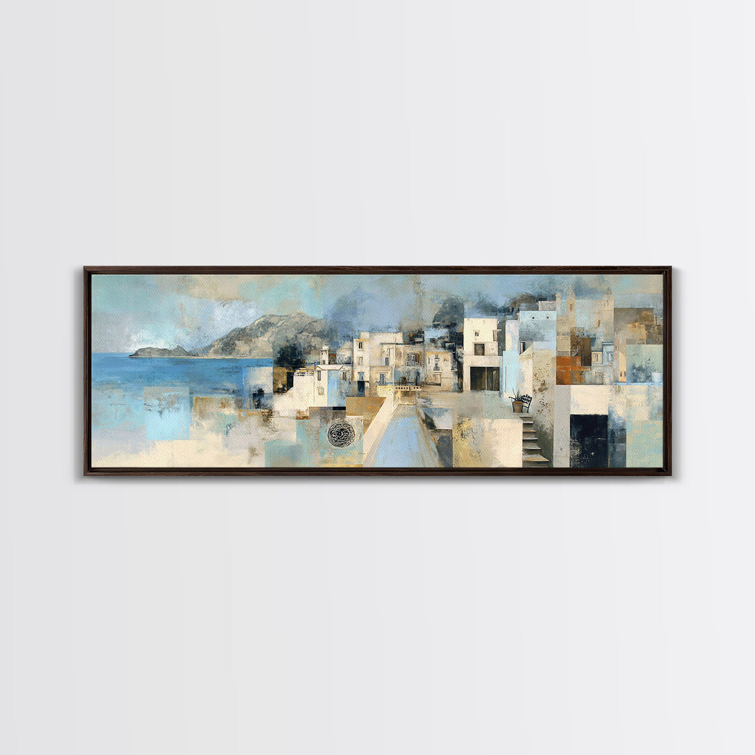 Mediterranean Terrace View Focused on Sea and Framed Canvas Print, Hotel Art, Textured Painting, Hotel Decor, Boutique, HOT-3x1-27