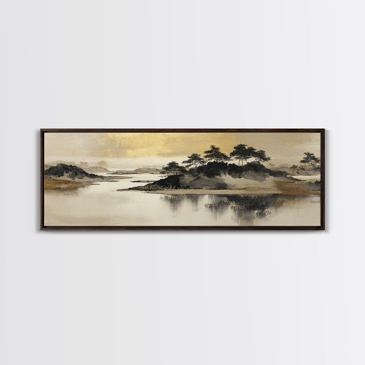 Japanese Ink Landscape Canvas Print, Hotel Art, Art Deco, Hotel Decor, Boutique, Minimalist Wall Art, Gallery Wall Art, HOT-3x1-34