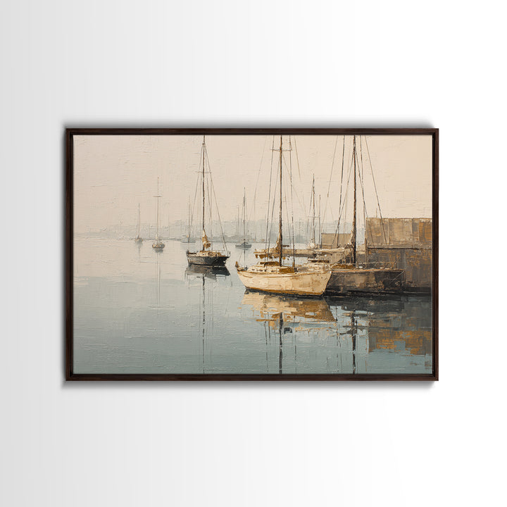 Quiet Harbor with Sailboats at Dawn Framed Canvas Print, Hotel Art, Mid Century Modern, Hotel Decor, Fine Art, Boutique, HOT-3x2-2