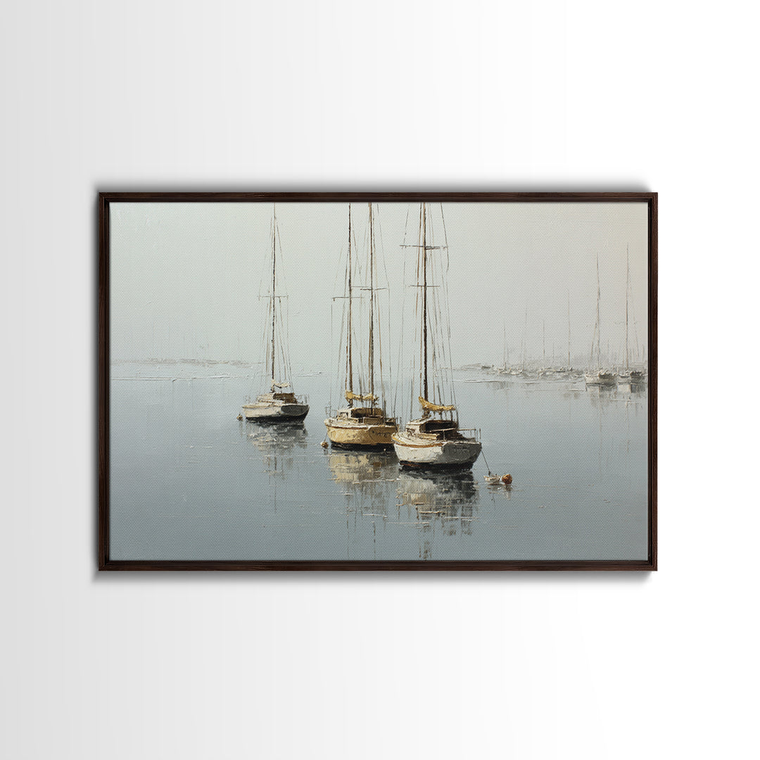 Quiet Harbor with Sailboats at Dawn Framed Canvas Print, Hotel Art, Coastal Wall Art, Hotel Decor, Oil Painting, Boutique, HOT-3x2-74