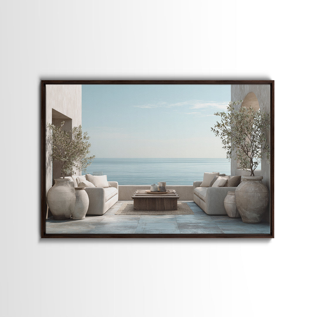 Mediterranean Terrace View Focused on Sea and Framed Canvas Print, Hotel Art, Poster, Hotel Decor, Fine Art, Boutique, HOT-3x2-87