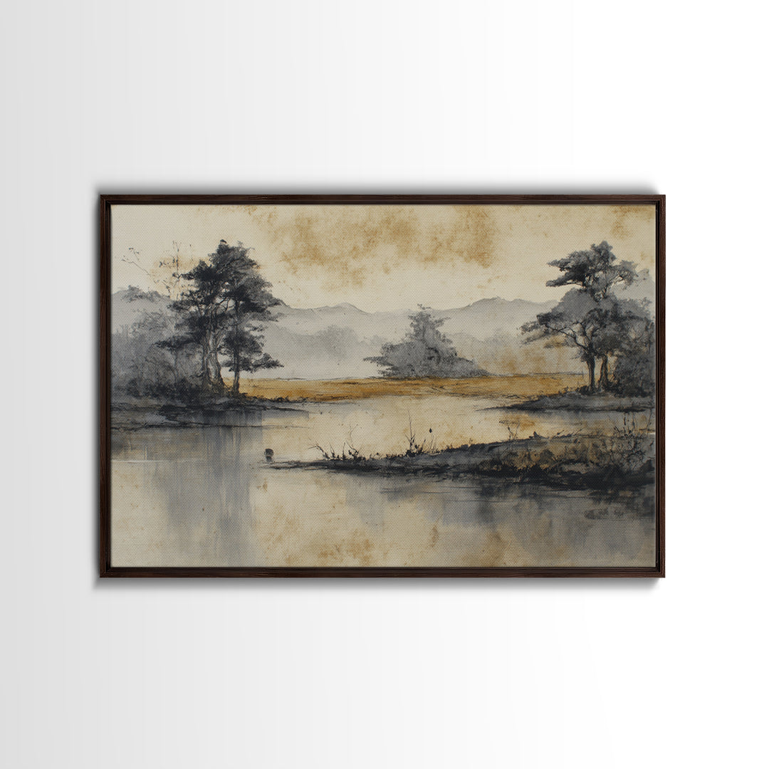 Japanese Ink Landscape Canvas Print, Hotel Art, Beach Prints, Hotel Decor, Fine Art, Boutique, Room Decor, Textured Painting, HOT-3x2-94