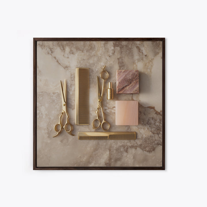 Gold Scissors and Comb Still Life on Framed Canvas Print, Hair Salon Art, Digital Download Art, Living Room Decor, Style, HSA-1x1-2