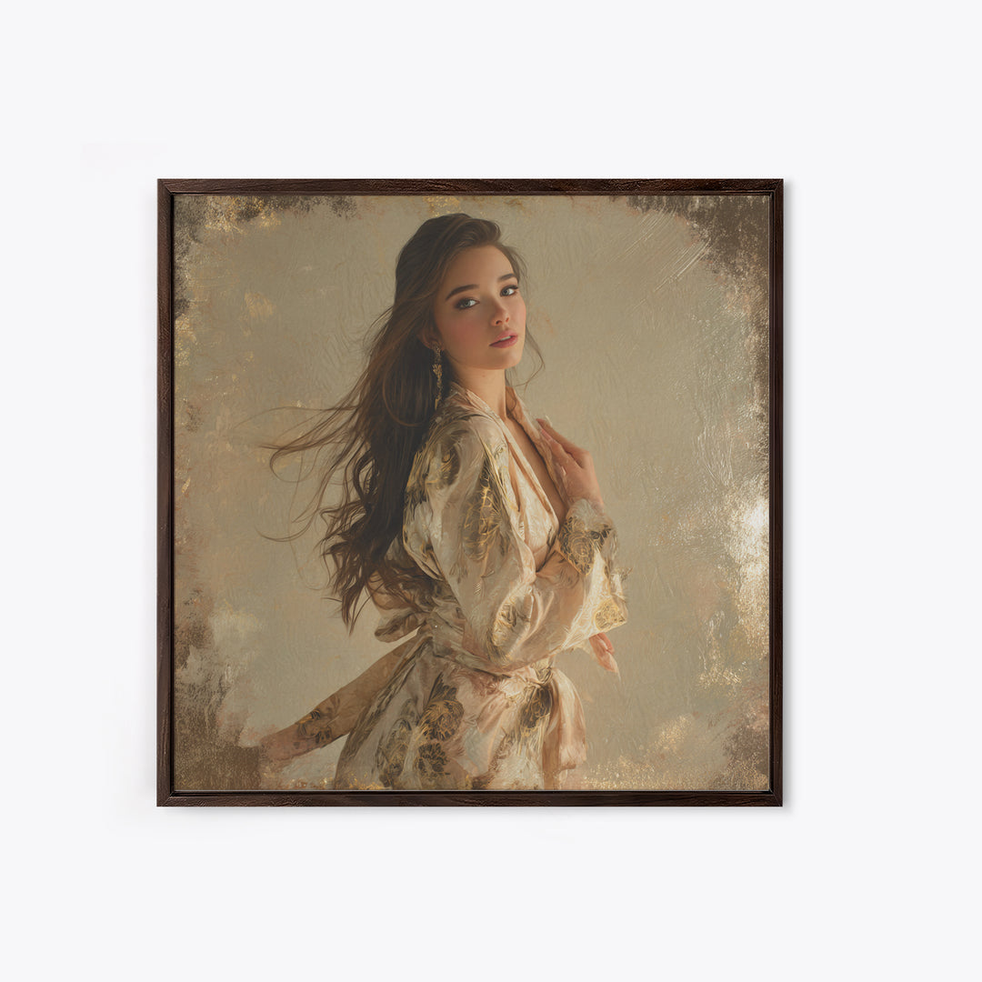 Fashion Portrait with Flowing Glossy Hair Canvas Print, Hair Salon Art, Neutral Decor, Living Room Decor, Oil Painting, Style, HSA-1x1-25