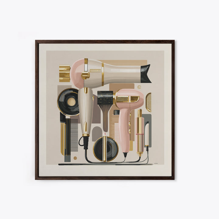 Hairdryer and Brush Framed Canvas Print, Hair Salon Art, Fine Art Print, Living Room Decor, Abstract Art, Style, Wall Decor, HSA-1x1-33