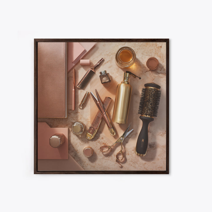 Rose Gold Salon Tool Still Life Framed Canvas Print, Hair Salon Art, Hairdresser Gift, Living Room Decor, Fine Art, Style, HSA-1x1-62