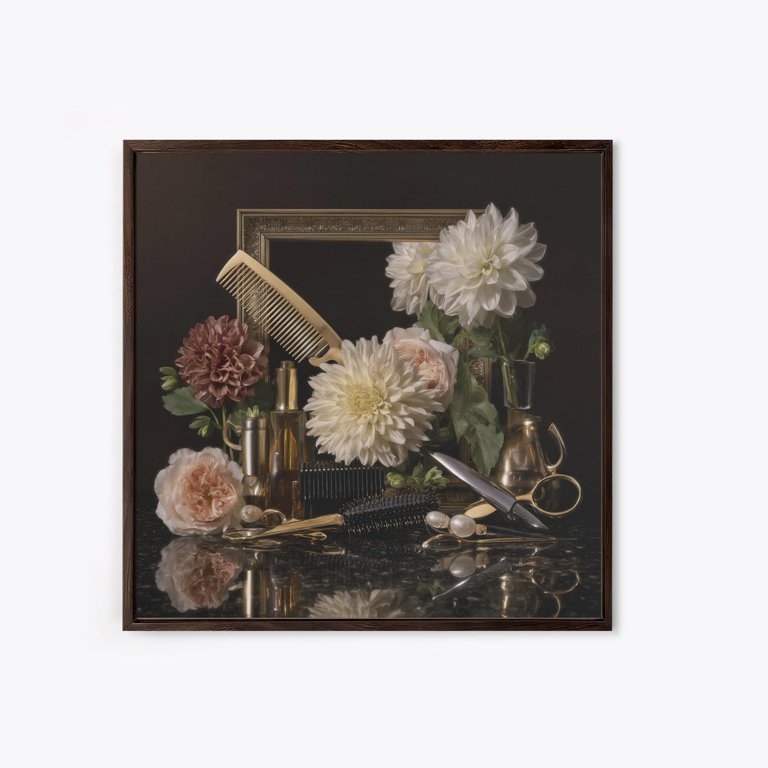 Baroque Mirror and Comb Still Life Framed Canvas Print, Hair Salon Art, Home Decor, Living Room Decor, Fine Art, Style, HSA-1x1-65