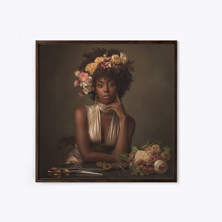 Afro Hair Portrait Framed Canvas Print, Hair Salon Art, Black Woman Wall Art, Living Room Decor, Oil Painting, Style, HSA-1x1-68
