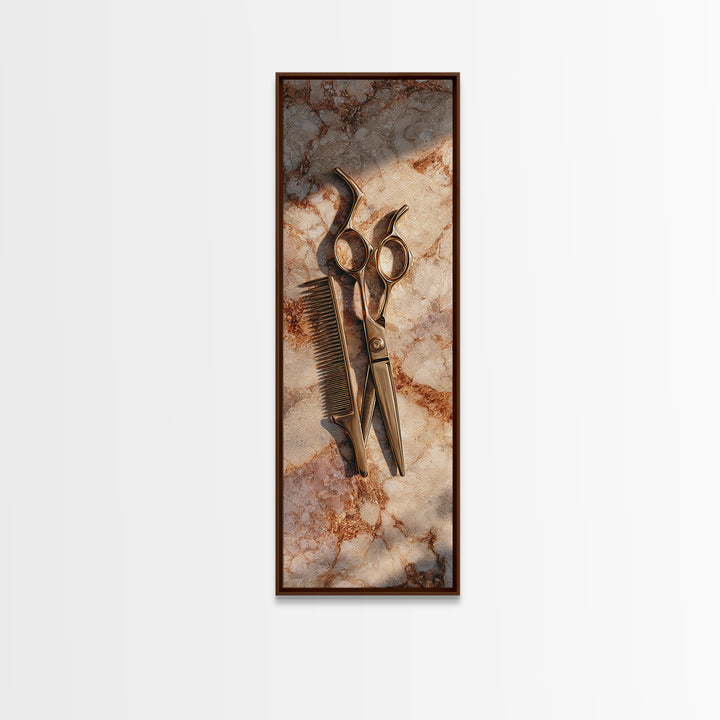 Gold Scissors and Comb Still Life on Canvas Print, Hair Salon Art, Salon Sign, Living Room Decor, Fine Art, Style, Luxury Decor, HSA-1x3-38