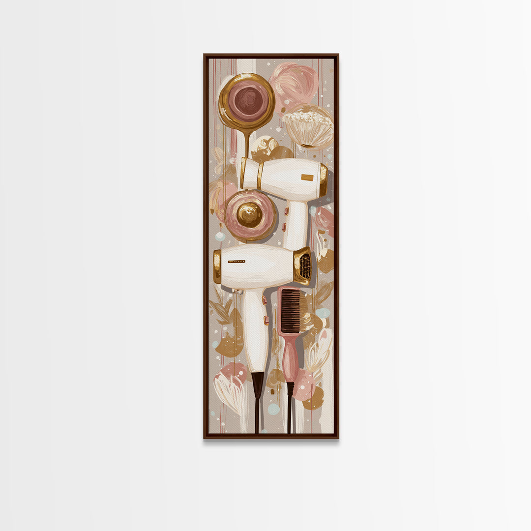 Hairdryer and Brush Framed Canvas Print, Hair Salon Art, Boho Decor, Living Room Decor, Oil Painting, Style, Art Print, HSA-1x3-45
