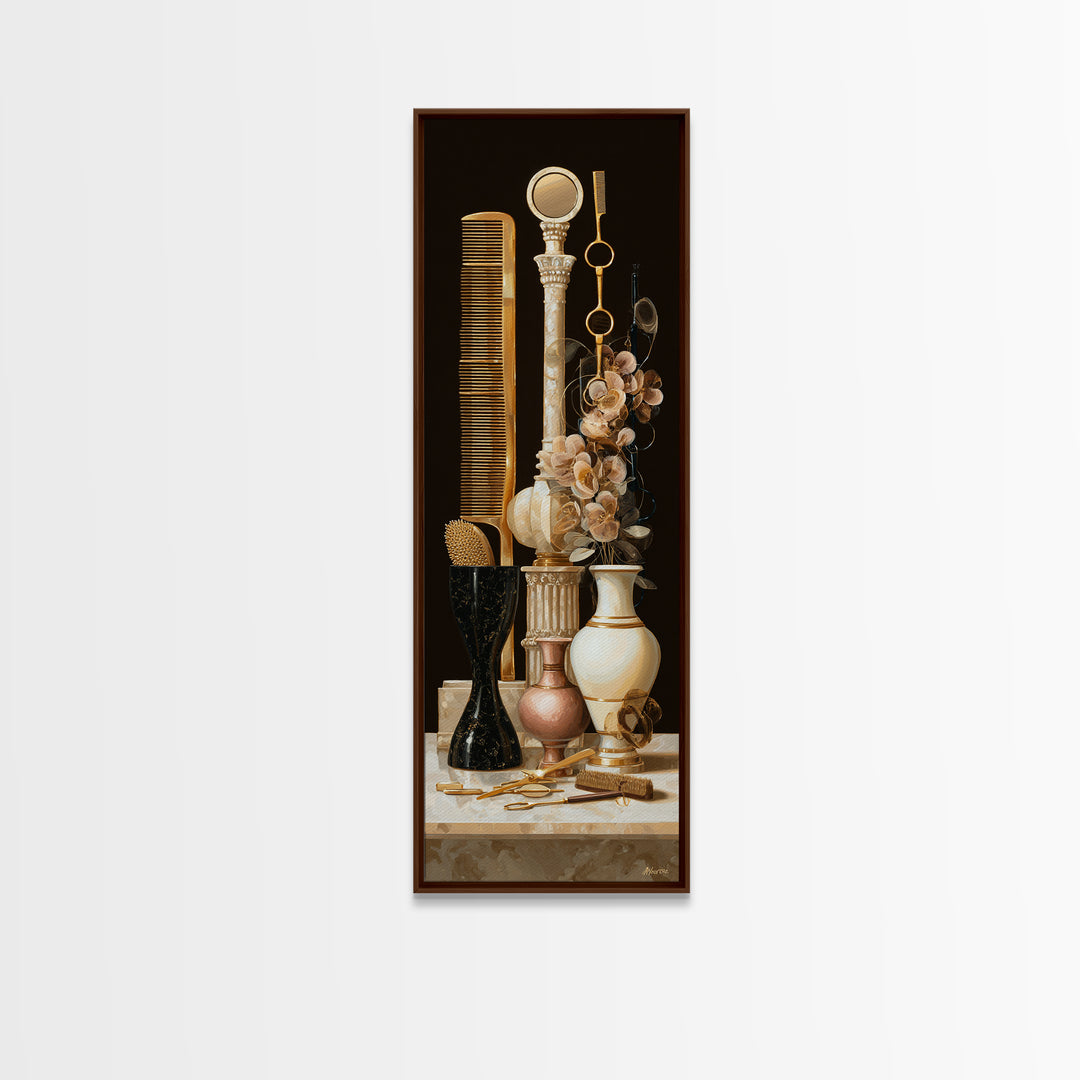Baroque Mirror and Comb Still Life Framed Canvas Print, Hair Salon Art, Neutral Decor, Living Room Decor, Fine Art, Style, HSA-1x3-53
