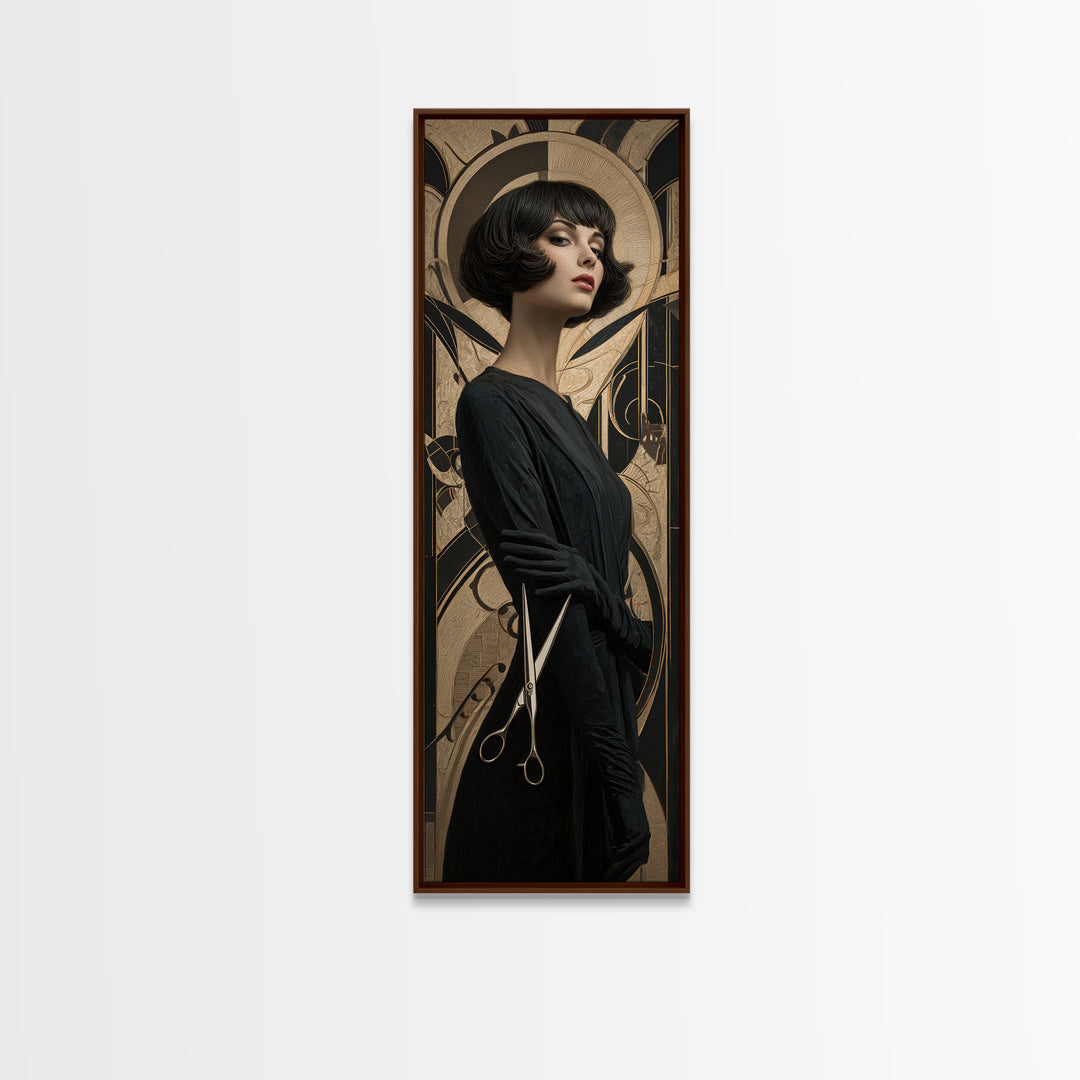 Woman with Dramatic Bob Haircut in Art Canvas Print, Hair Salon Art, African Art, Living Room Decor, Oil Painting, Style, HSA-1x3-88