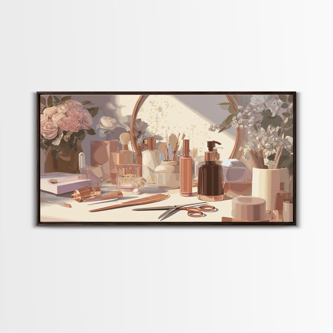 Rose Gold Salon Tool Still Life Framed Canvas Print, Hair Salon Art, Luxury Decor, Living Room Decor, Fine Art, Style, HSA-2x1-10