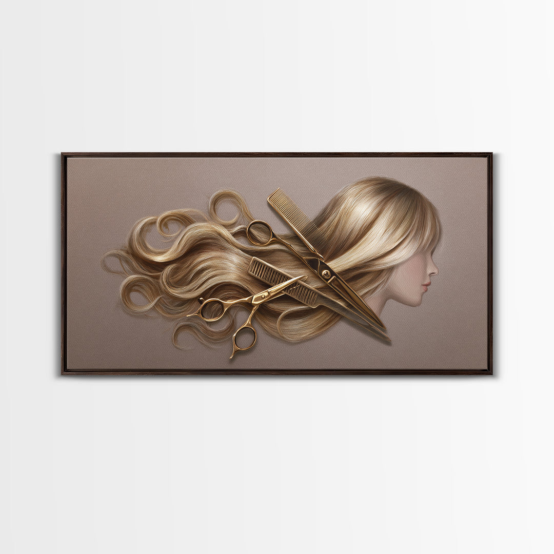 Luxury Black and Gold Beauty Emblem Framed Canvas Print, Hair Salon Art, Fine Art Print, Living Room Decor, Fine Art, Style, HSA-2x1-20