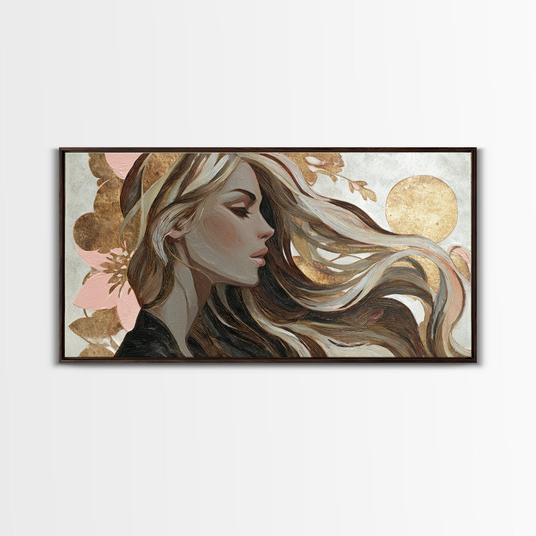 Fashion Portrait with Flowing Glossy Hair Canvas Print, Hair Salon Art, Wall Art, Living Room Decor, Fine Art, Style, HSA-2x1-21