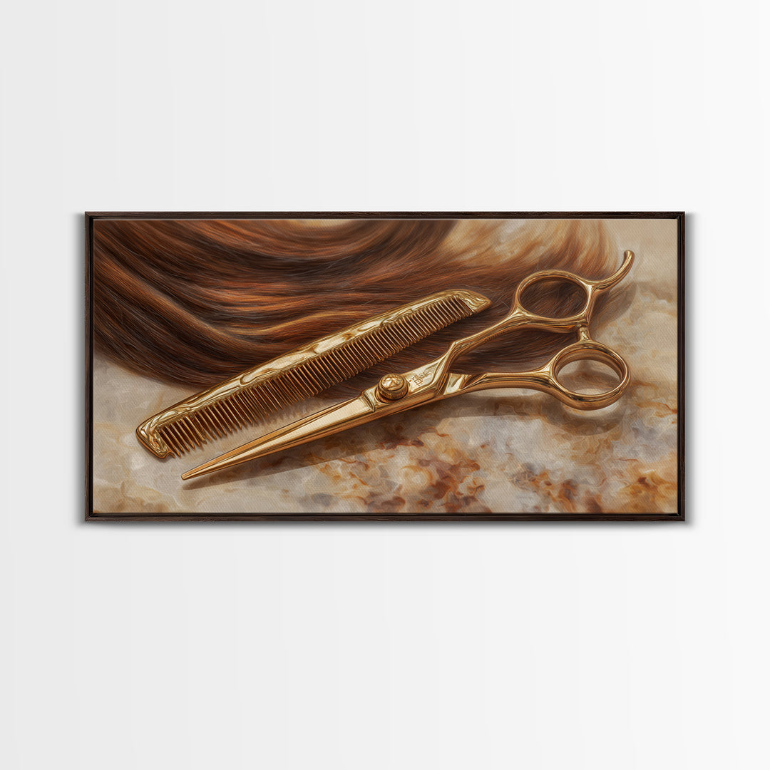 Gold Scissors and Comb Still Life on Canvas Print, Hair Salon Art, Statement Artwork, Living Room Decor, Fine Art, Style, HSA-2x1-22