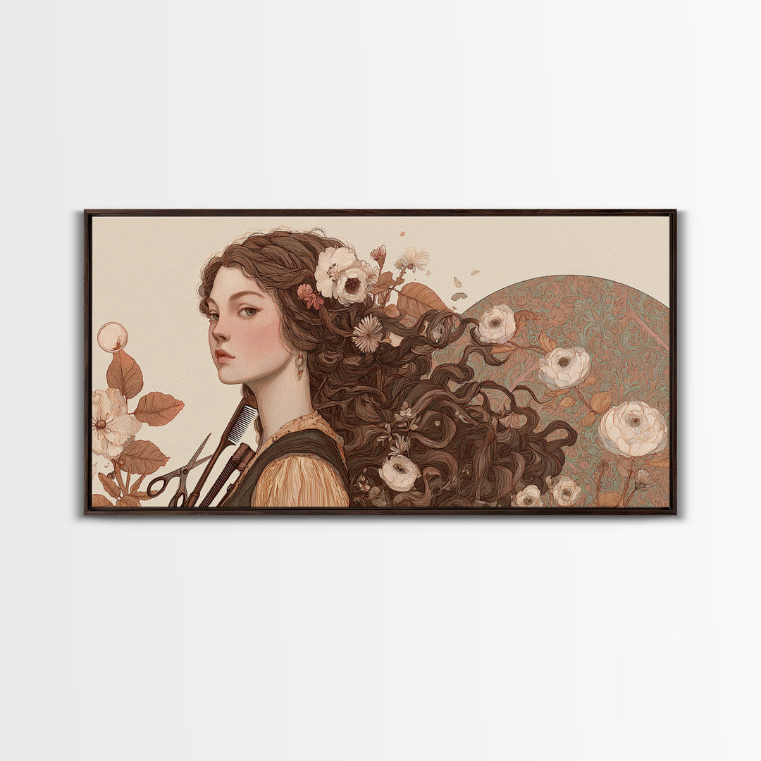Botanical Hairstyle Portrait Canvas Print, Hair Salon Art, Boho Decor, Living Room Decor, Fine Art, Style, Art Print, HSA-2x1-26