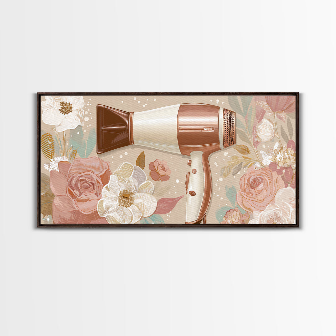 Hairdryer and Brush Framed Canvas Print, Hair Salon Art, Art, Living Room Decor, Watercolor Art, Style, Black Art Prints, HSA-2x1-29
