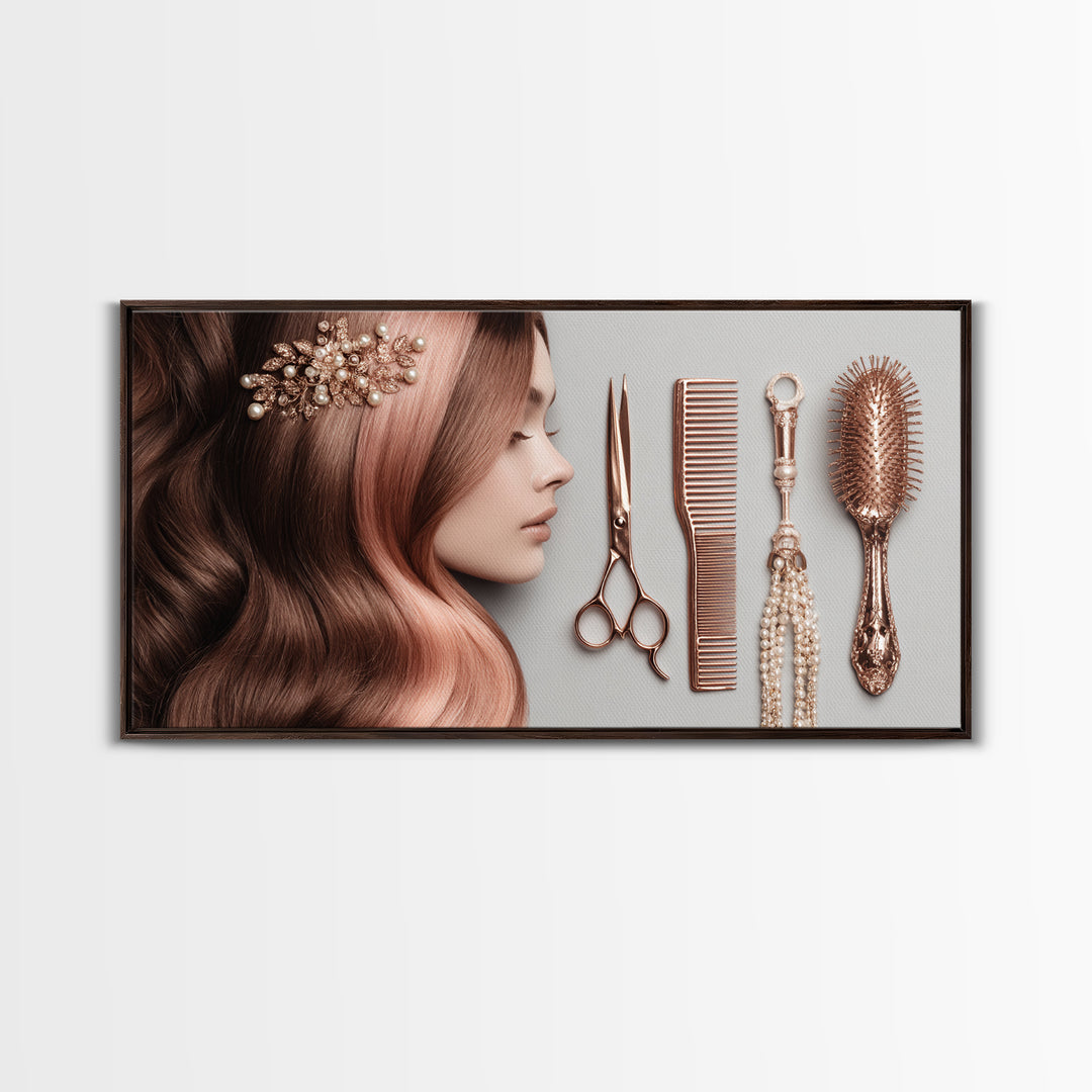 Rose Gold Salon Tool Still Life Framed Canvas Print, Hair Salon Art, Luxury Decor, Living Room Decor, Fine Art, Style, HSA-2x1-34