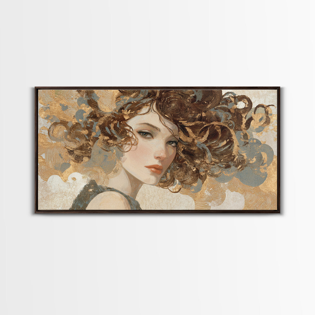 Curly Hair Portrait Framed Canvas Print, Hair Salon Art, Living Room Decor, Oil Painting, Style, Printable Art, HSA-2x1-35