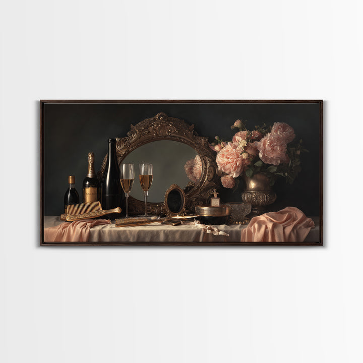 Baroque Mirror and Comb Still Life Framed Canvas Print, Hair Salon Art, Minimalist Decor, Living Room Decor, Fine Art, Style, HSA-2x1-37