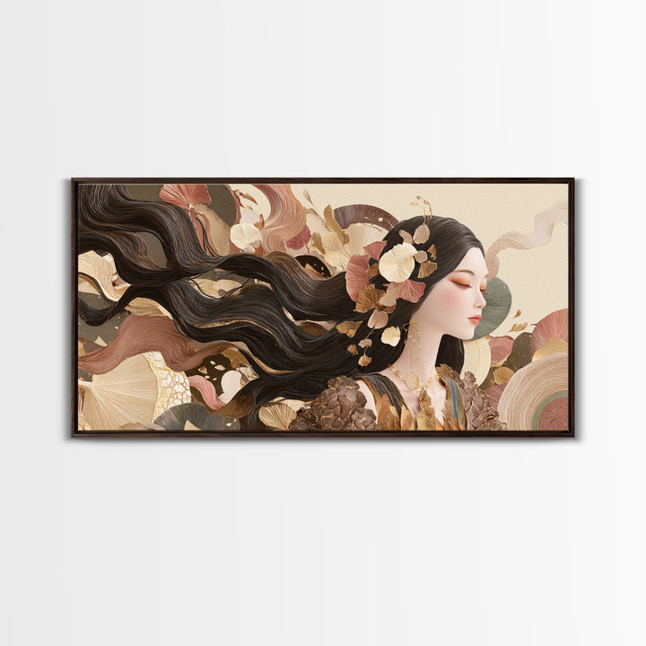 Fashion Portrait with Flowing Glossy Hair Framed Canvas Print, Hair Salon Art, Digital Art, Living Room Decor, Fine Art, Style, HSA-2x1-45
