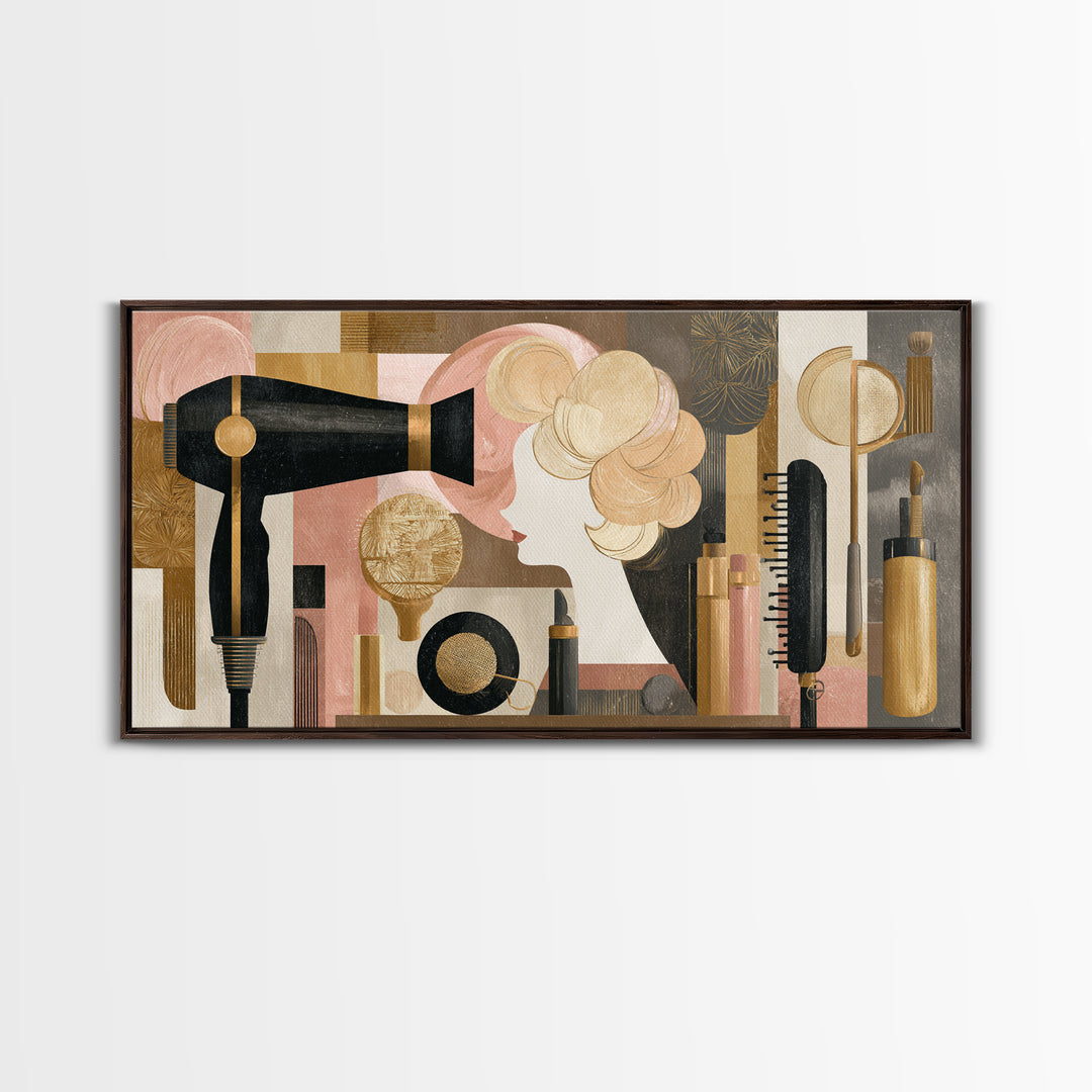 Hairdryer and Brush Framed Canvas Print, Hair Salon Art, Art, Living Room Decor, Watercolor Art, Style, Black Art Prints, HSA-2x1-5