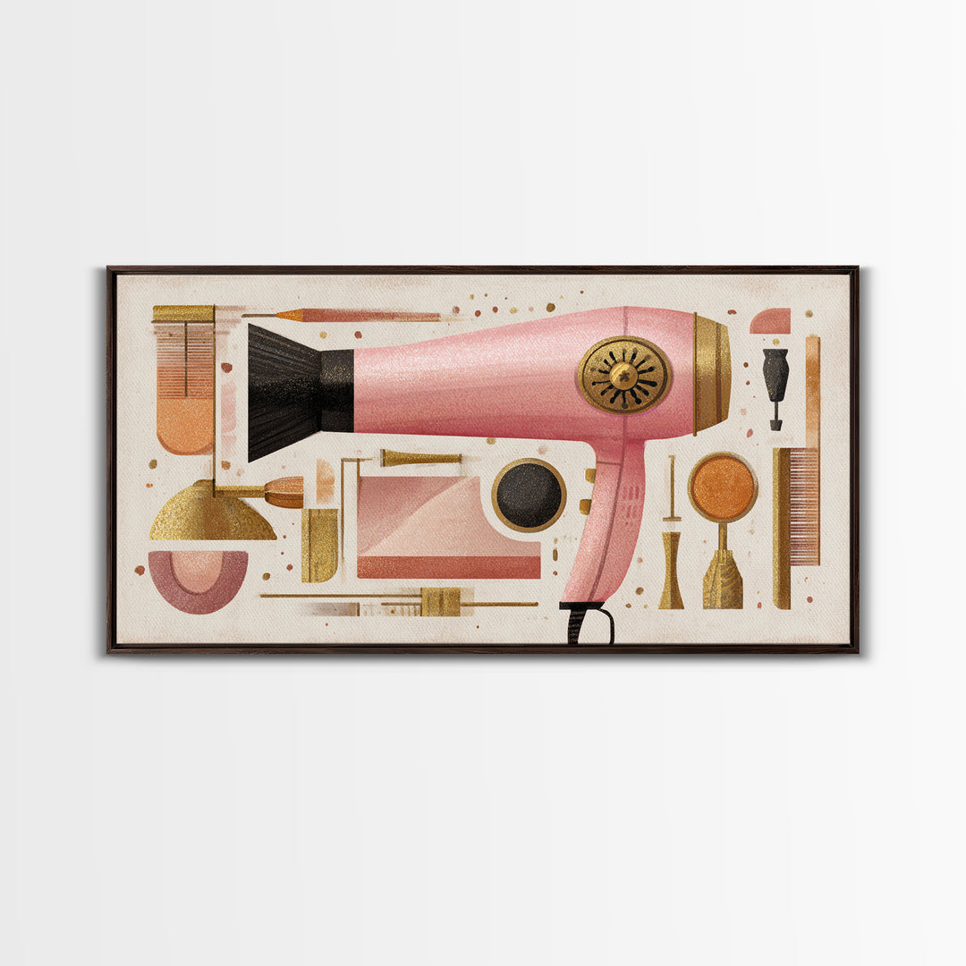 Hairdryer and Brush Canvas Print, Hair Salon Art, Metal Wall Art, Living Room Decor, Oil Painting, Style, Black and White Art, HSA-2x1-53