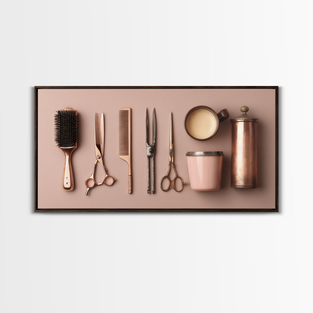 Rose Gold Salon Tool Still Life Canvas Print, Hair Salon Art, Wall Art, Living Room Decor, Fine Art, Style, Minimalist Wall Art, HSA-2x1-58