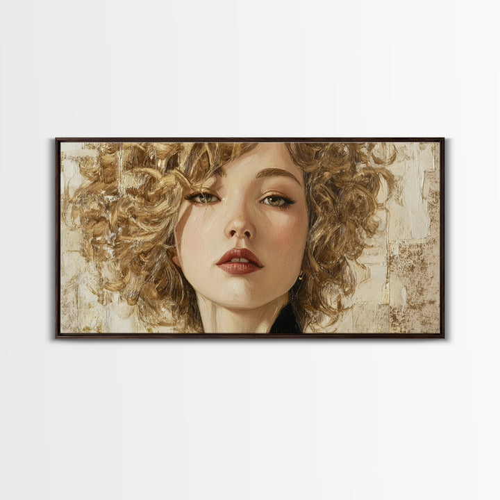 Curly Hair Portrait Framed Canvas Print, Hair Salon Art, Black and White Art, Living Room Decor, Fine Art, Style, Neutral Decor, HSA-2x1-59