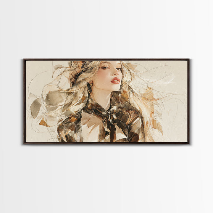 Fashion Portrait with Flowing Glossy Hair Canvas Print, Hair Salon Art, Modern Art, Living Room Decor, Fine Art, Style, HSA-2x1-69