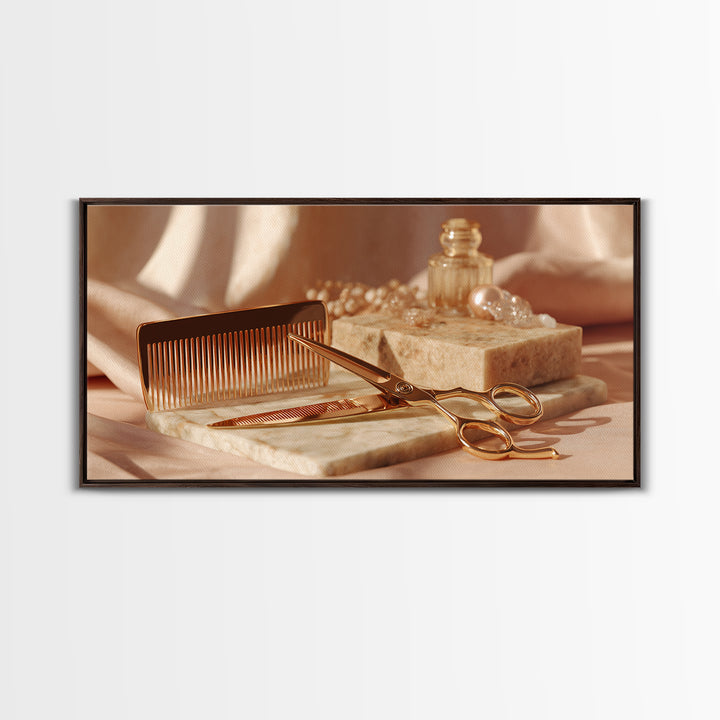 Gold Scissors and Comb Still Life on Canvas Print, Hair Salon Art, Wall Decor, Living Room Decor, Fine Art, Style, African Art, HSA-2x1-70