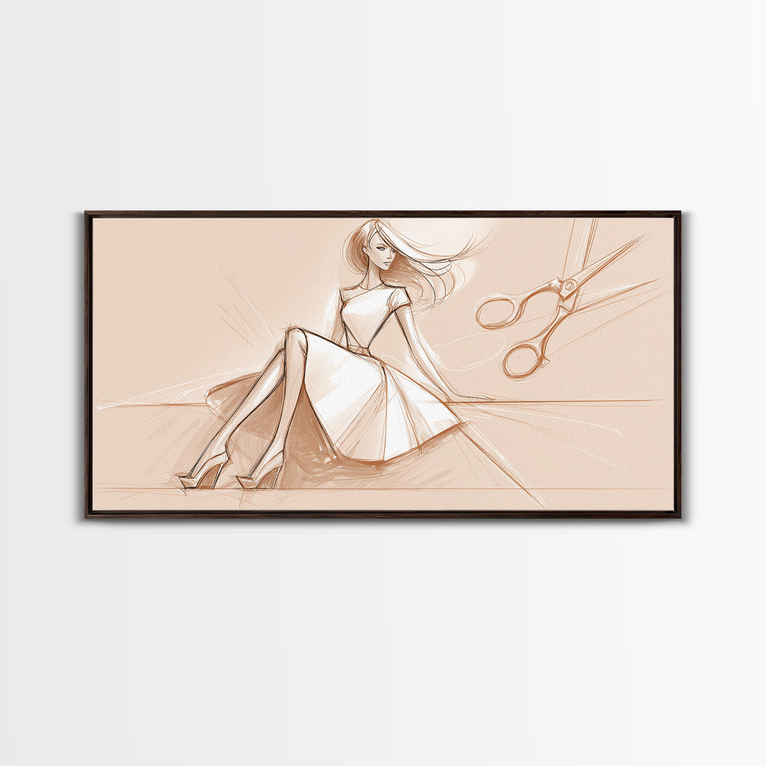 Black and White Line Art Salon Figure Framed Canvas Print, Hair Salon Art, Statement Artwork, Living Room Decor, Oil Painting, HSA-2x1-75
