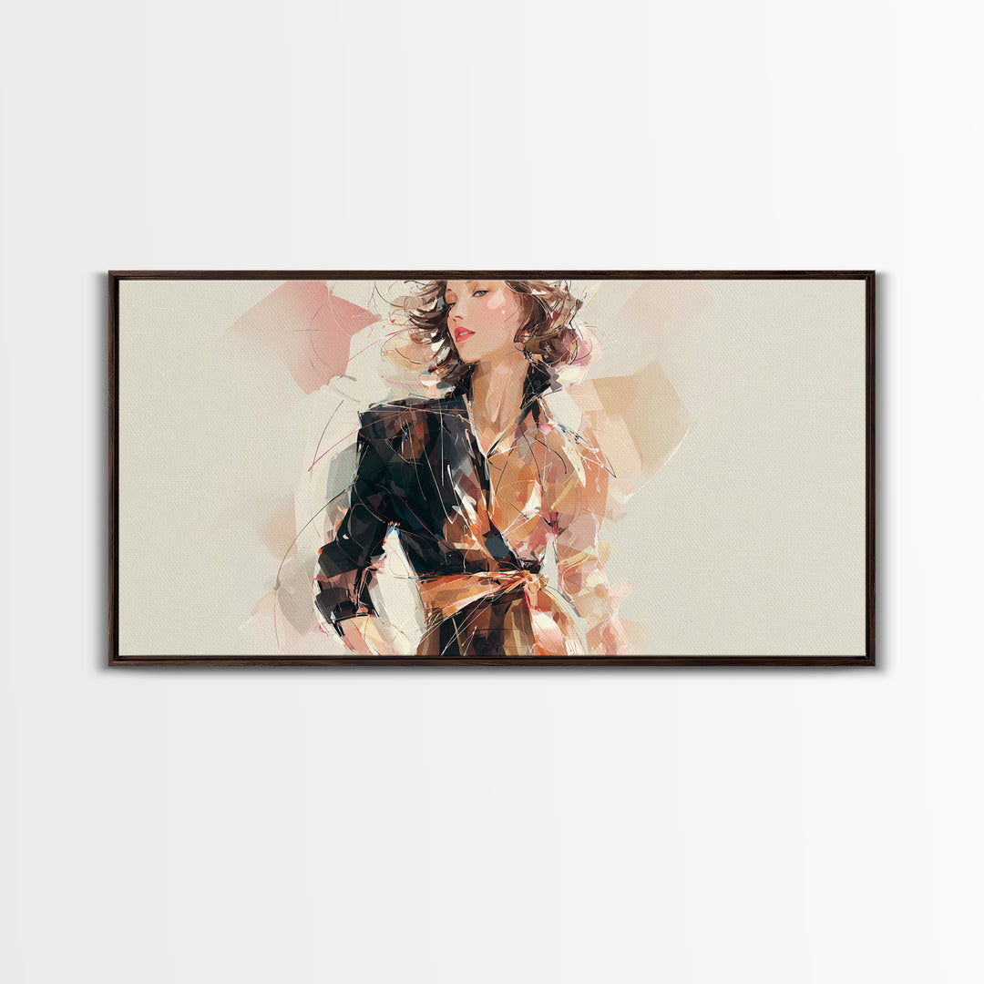 Colorful Fashion Illustration of a Stylish Woman Framed Canvas Print, Hair Salon Art, Black Art, Living Room Decor, Style, HSA-2x1-81